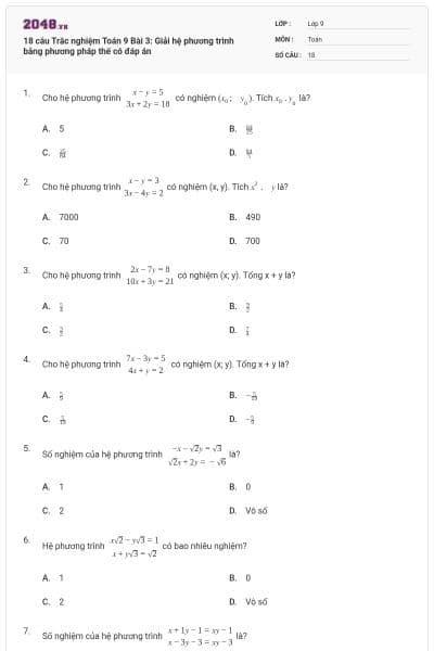 18 câu Trắc nghiệm Toán 9 Bài 3: Giải hệ phương trình bằng phương pháp thế có đáp án