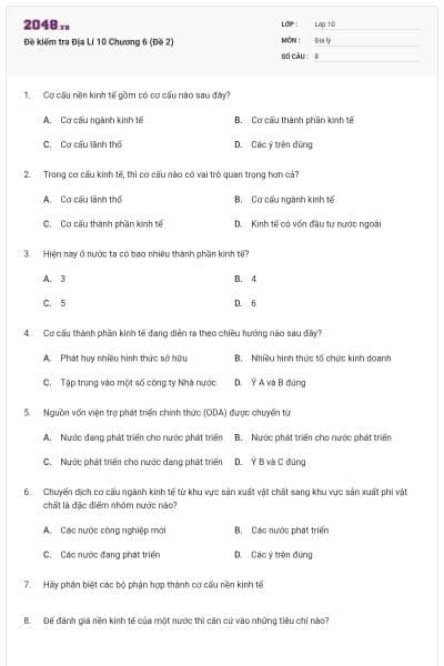 Đề kiểm tra Địa Lí 10 Chương 6 (Đề 2)