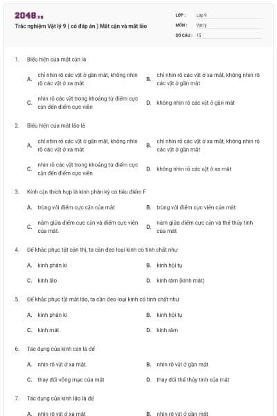 Trắc nghiệm Vật lý 9 ( có đáp án ) Mắt cận và mắt lão