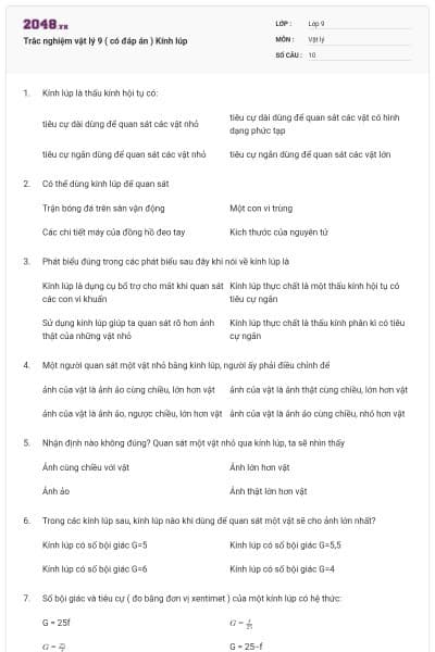 Trắc nghiệm vật lý 9 ( có đáp án ) Kính lúp