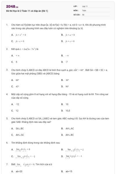 Đề thi Học kì 2 Toán 11 có đáp án (Đề 1)