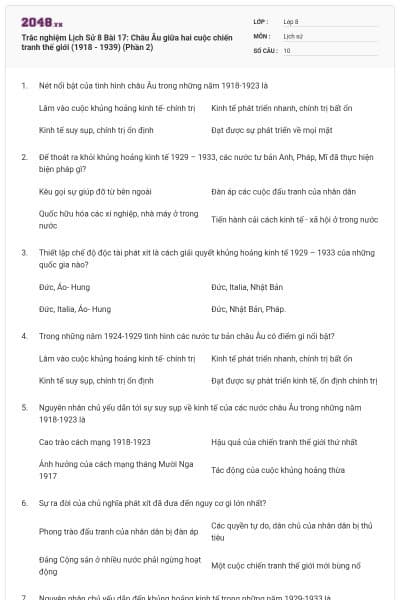 Trắc nghiệm Lịch Sử 8 Bài 17: Châu Âu giữa hai cuộc chiến tranh thế giới (1918 - 1939) (Phần 2)
