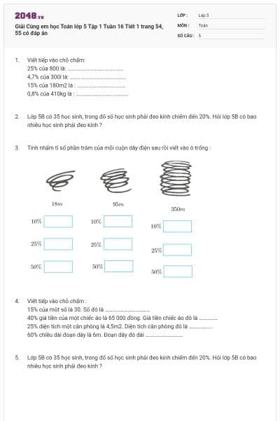 Giải Cùng em học Toán lớp 5 Tập 1 Tuần 16 Tiết 1 trang 54, 55 có đáp án