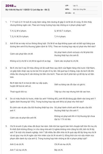 Bộ 4 Đề thi Học kì 1 GDCD 12 (có đáp án - Đề 2)