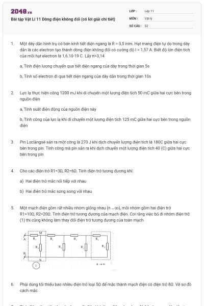 Bài tập Vật Lí 11 Dòng điện không đổi (có lời giải chi tiết)
