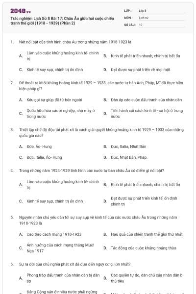 Trắc nghiệm Lịch Sử 8 Bài 17: Châu Âu giữa hai cuộc chiến tranh thế giới (1918 - 1939) (Phần 2)
