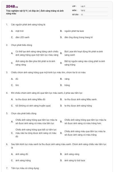 Trắc nghiệm vật lý 9 ( có đáp án ) Ánh sáng trắng và ánh sáng màu
