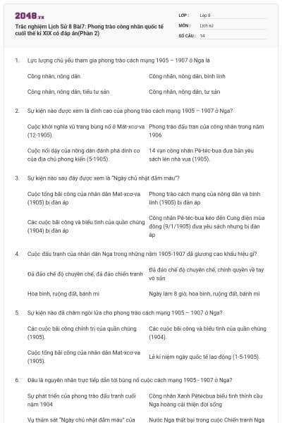 Trắc nghiệm Lịch Sử 8 Bài7: Phong trào công nhân quốc tế cuối thế kỉ XIX có đáp án(Phần 2)