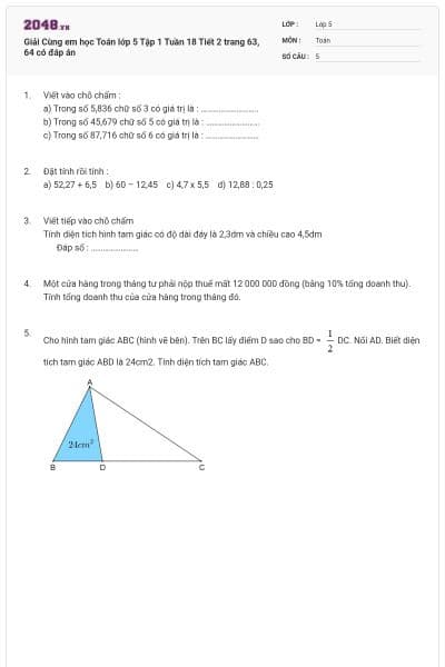 Giải Cùng em học Toán lớp 5 Tập 1 Tuần 18 Tiết 2 trang 63, 64 có đáp án