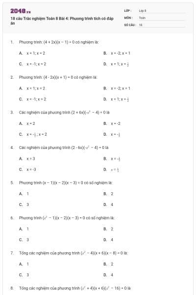 18 câu Trắc nghiệm Toán 8 Bài 4: Phương trình tích có đáp án