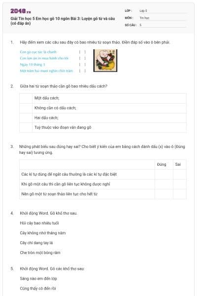 Giải Tin học 5 Em học gõ 10 ngón Bài 3: Luyện gõ từ và câu (có đáp án)