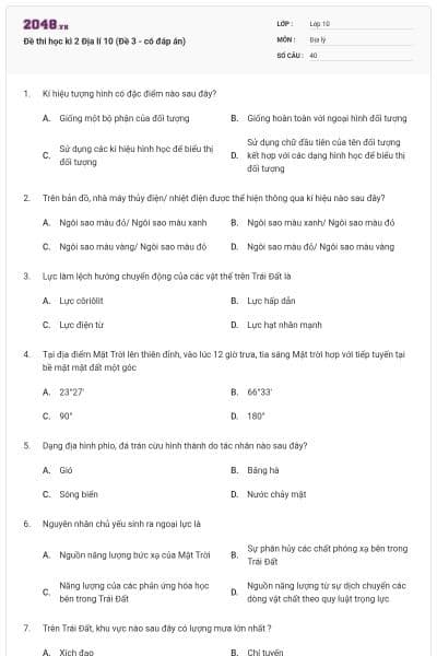 Đề thi học kì 2 Địa lí 10 (Đề 3 - có đáp án)