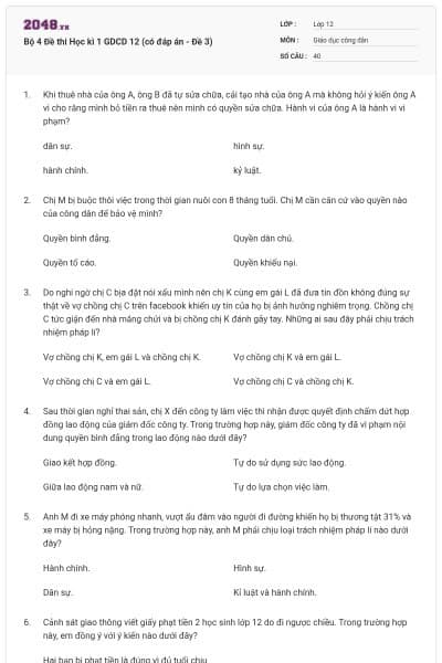 Bộ 4 Đề thi Học kì 1 GDCD 12 (có đáp án - Đề 3)