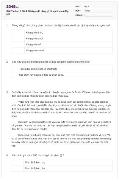 Giải Tin học 5 Bài 4: Đánh giá kĩ năng gõ bàn phím (có đáp án)