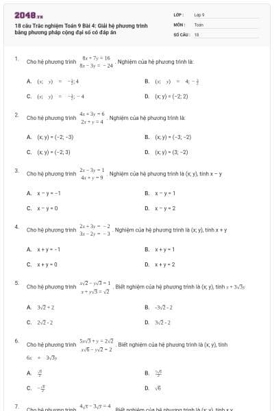 18 câu Trắc nghiệm Toán 9 Bài 4: Giải hệ phương trình bằng phương pháp cộng đại số có đáp án