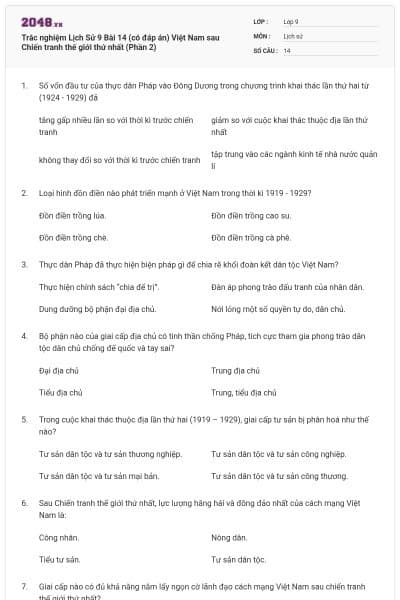 Trắc nghiệm Lịch Sử 9 Bài 14 (có đáp án) Việt Nam sau Chiến tranh thế giới thứ nhất (Phần 2)