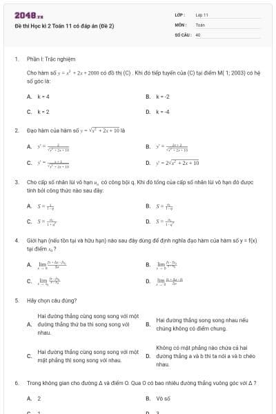 Đề thi Học kì 2 Toán 11 có đáp án (Đề 2)
