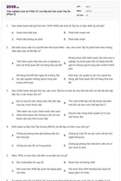 Trắc nghiệm Lịch sử 9 Bài 10: (có đáp án) Các nước Tây Âu (Phần 2)