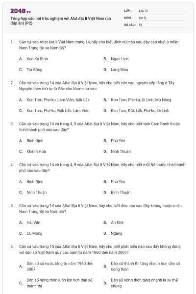 Tổng hợp câu hỏi trắc nghiệm với Alat địa lí Việt Nam (có đáp án) (P2)