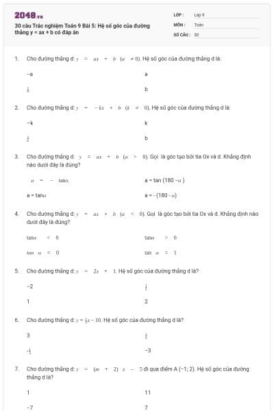 30 câu Trắc nghiệm Toán 9 Bài 5: Hệ số góc của đường thẳng y = ax + b có đáp án