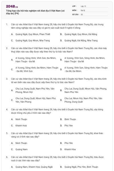 Tổng hợp câu hỏi trắc nghiệm với Alat địa lí Việt Nam (có đáp án) (P4)