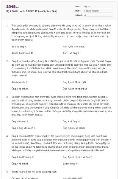 Bộ 4 Đề thi Học kì 1 GDCD 12 (có đáp án - Đề 4)