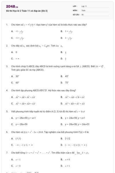 Đề thi Học kì 2 Toán 11 có đáp án (Đề 3)