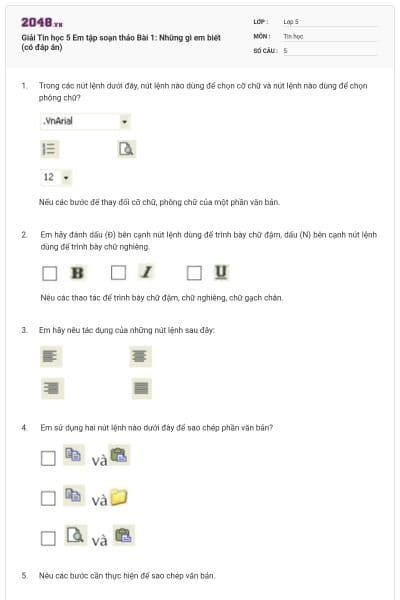 Giải Tin học 5 Em tập soạn thảo Bài 1: Những gì em biết (có đáp án)