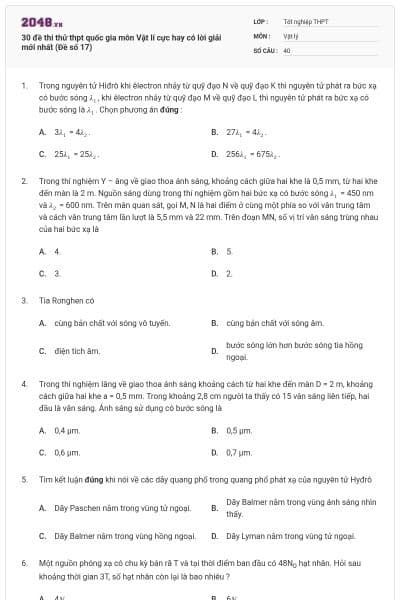 30 đề thi thử thpt quốc gia môn Vật lí cực hay có lời giải mới nhất (Đề số 17)