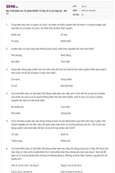 Bộ 4 Đề kiểm tra 15 phút GDCD 12 Học kì 2 (có đáp án - Đề 1)