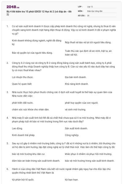 Bộ 4 Đề kiểm tra 15 phút GDCD 12 Học kì 2 (có đáp án - Đề 2)