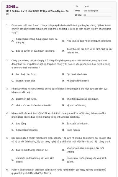 Bộ 4 Đề kiểm tra 15 phút GDCD 12 Học kì 2 (có đáp án - Đề 2)