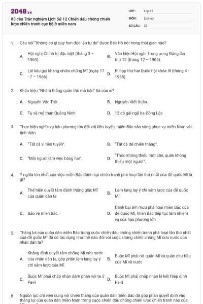 83 câu  Trắc nghiệm Lịch Sử 12 Chiến đấu chống chiến lược chiến tranh cục bộ ở miền nam