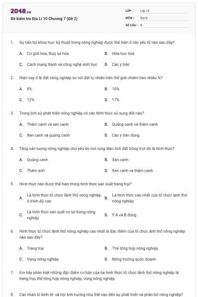 Đề kiểm tra Địa Lí 10 Chương 7 (Đề 2)
