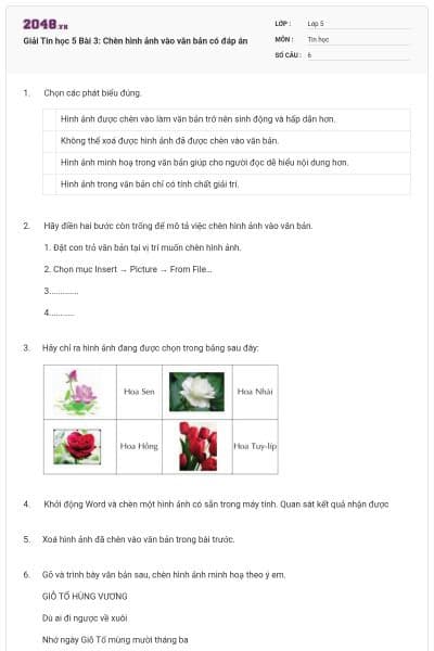 Giải Tin học 5 Bài 3: Chèn hình ảnh vào văn bản có đáp án