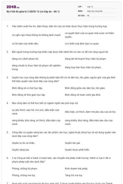 Bộ 4 Đề thi giữa kì 2 GDCD 12 (có đáp án - Đề 1)
