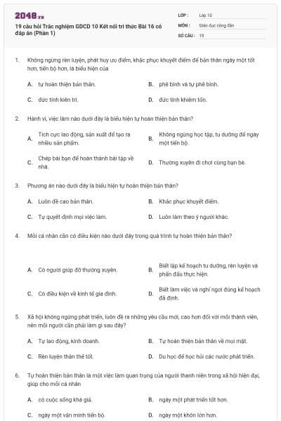 19 câu hỏi Trắc nghiệm GDCD 10 Kết nối tri thức Bài 16 có đáp án (Phần 1)