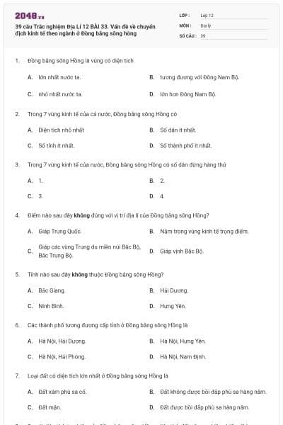 39 câu Trắc nghiệm Địa Lí 12 BÀI 33. Vấn đề về chuyển địch kinh tế theo ngành ở Đồng bằng sông hồng