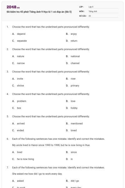 Đề kiểm tra 45 phút Tiếng Anh 9 Học kì 1 có đáp án (Đề 5)