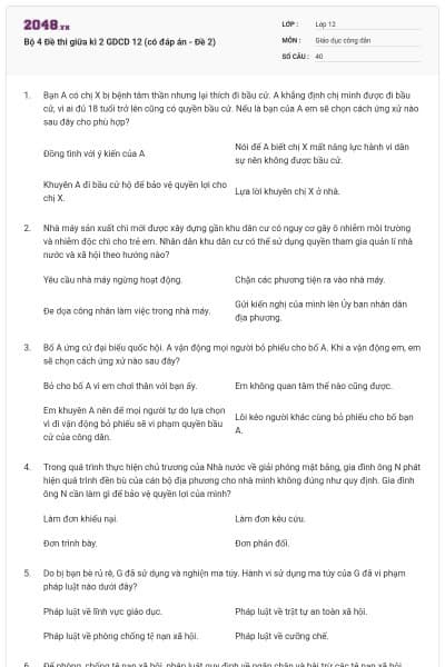 Bộ 4 Đề thi giữa kì 2 GDCD 12 (có đáp án - Đề 2)