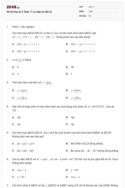 Đề thi Học kì 2 Toán 11 có đáp án (Đề 4)