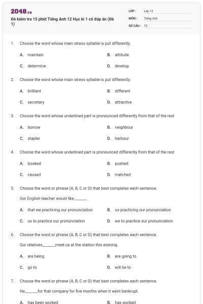 Đề kiểm tra 15 phút Tiếng Anh 12 Học kì 1 có đáp án (Đề 1)