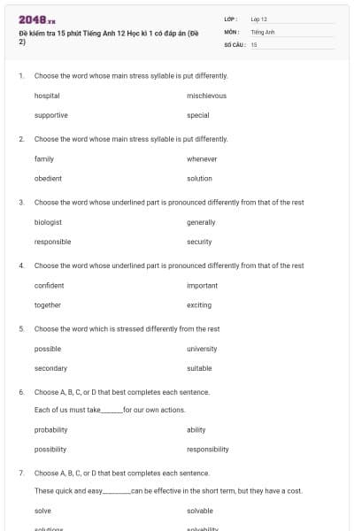 Đề kiểm tra 15 phút Tiếng Anh 12 Học kì 1 có đáp án (Đề 2)