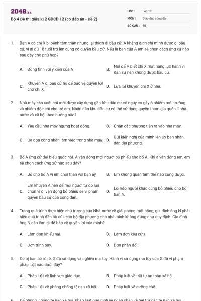 Bộ 4 Đề thi giữa kì 2 GDCD 12 (có đáp án - Đề 2)