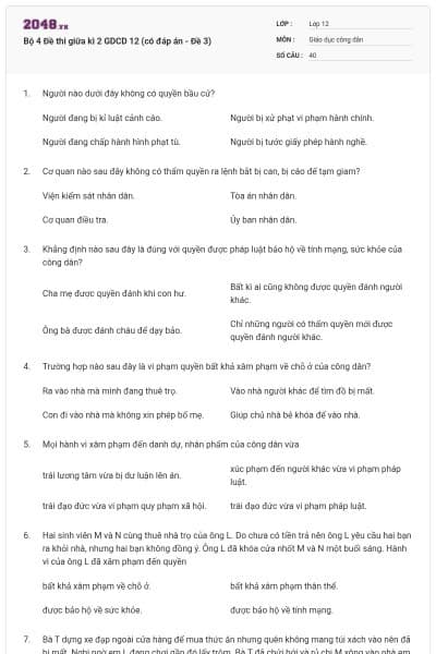 Bộ 4 Đề thi giữa kì 2 GDCD 12 (có đáp án - Đề 3)