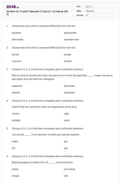 Đề kiểm tra 15 phút Tiếng Anh 12 Học kì 1 có đáp án (Đề 3)