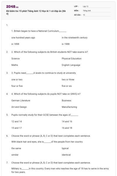 Đề kiểm tra 15 phút Tiếng Anh 12 Học kì 1 có đáp án (Đề 4)