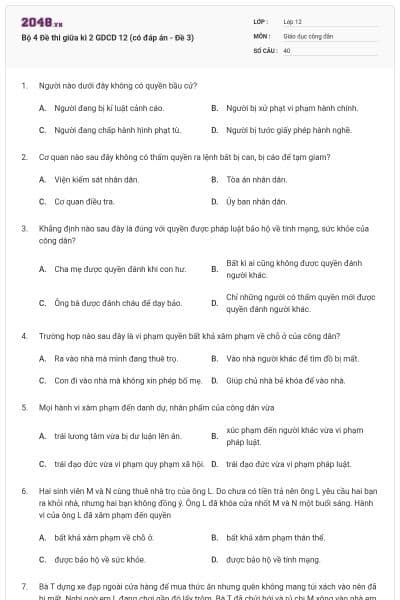Bộ 4 Đề thi giữa kì 2 GDCD 12 (có đáp án - Đề 3)