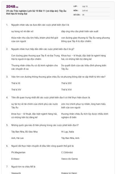 29 câu Trắc nghiệm Lịch Sử 10 Bài 11 (có đáp án): Tây Âu thời hậu kì trung đại