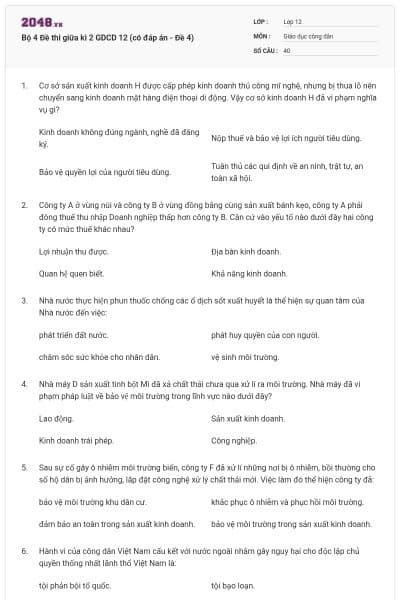 Bộ 4 Đề thi giữa kì 2 GDCD 12 (có đáp án - Đề 4)
